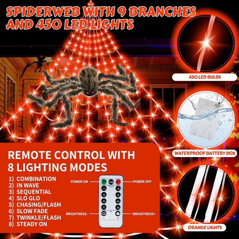 Seifar Halloween Spider Web Lights Giant Spider, 16.4Ft 450 LED Lighted Spider Web with with 8 Lighting Modes Waterproof & Timer for Indoor Outdoor House Haunted Yard Decor, Orange - Image 4